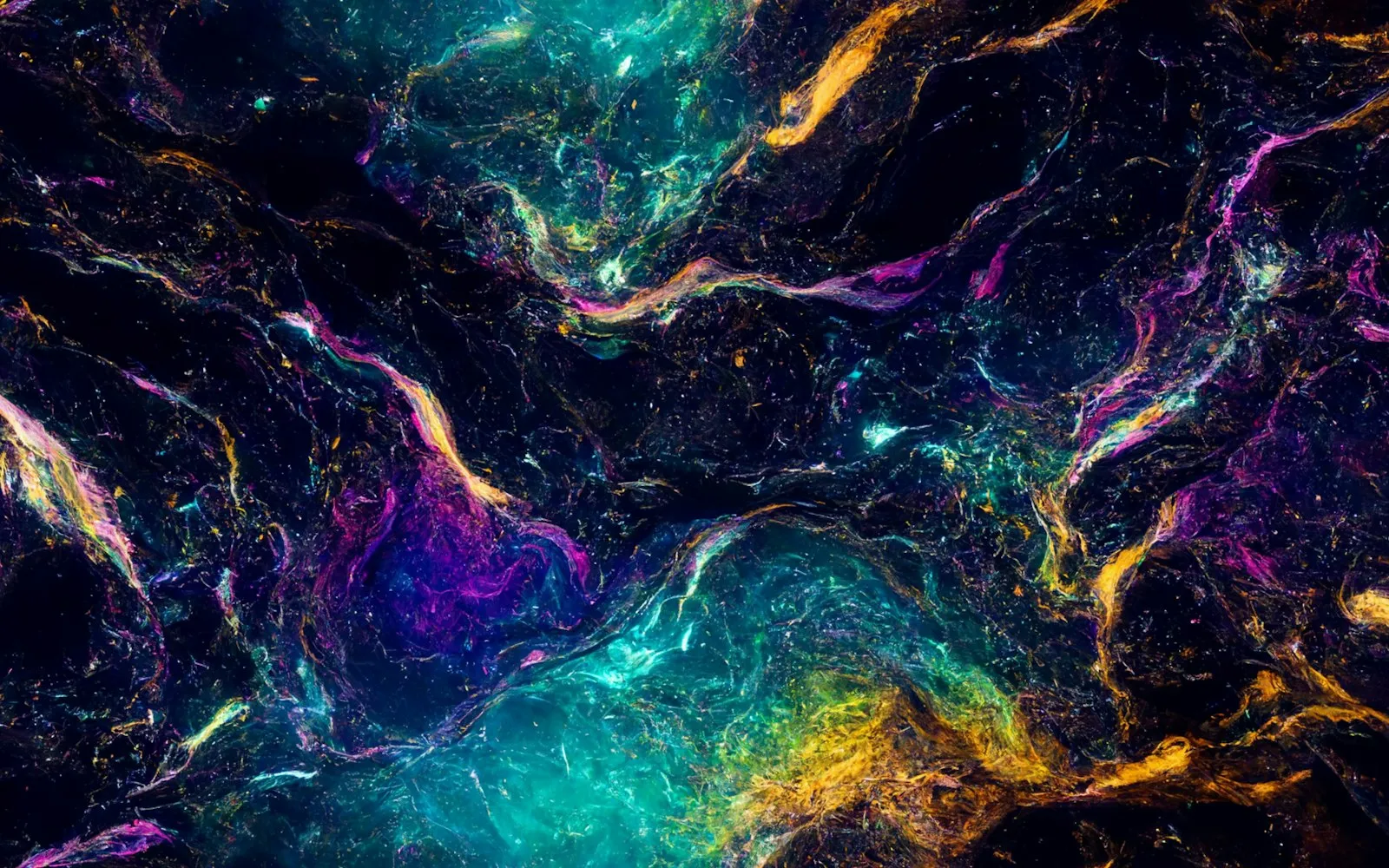 Abstract swirls of teal, purple, pink and gold on a dark background