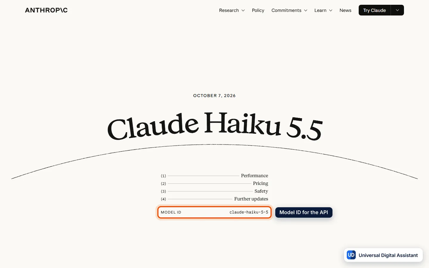Claude Haiku 5.5 launch: the Anthropic announcement page dated October 7, 2026, with the model name, a contents list and the claude-haiku-5-5 model ID