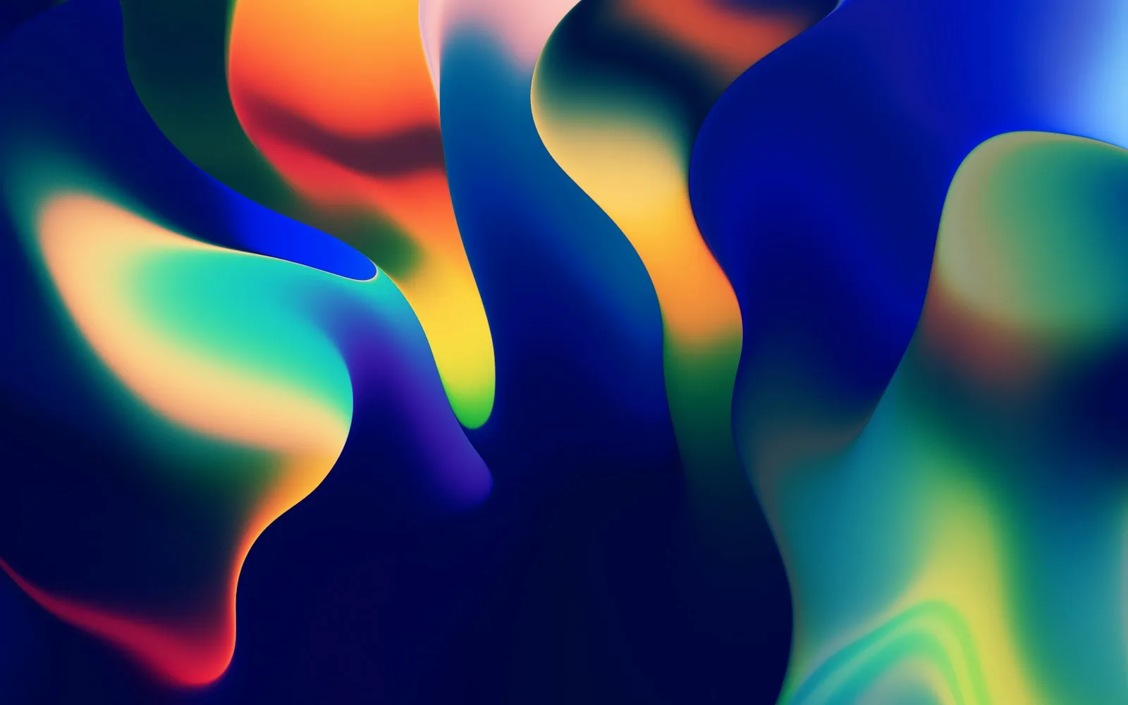 Abstract digital art of blue, orange, teal and yellow wavy shapes blending into each other