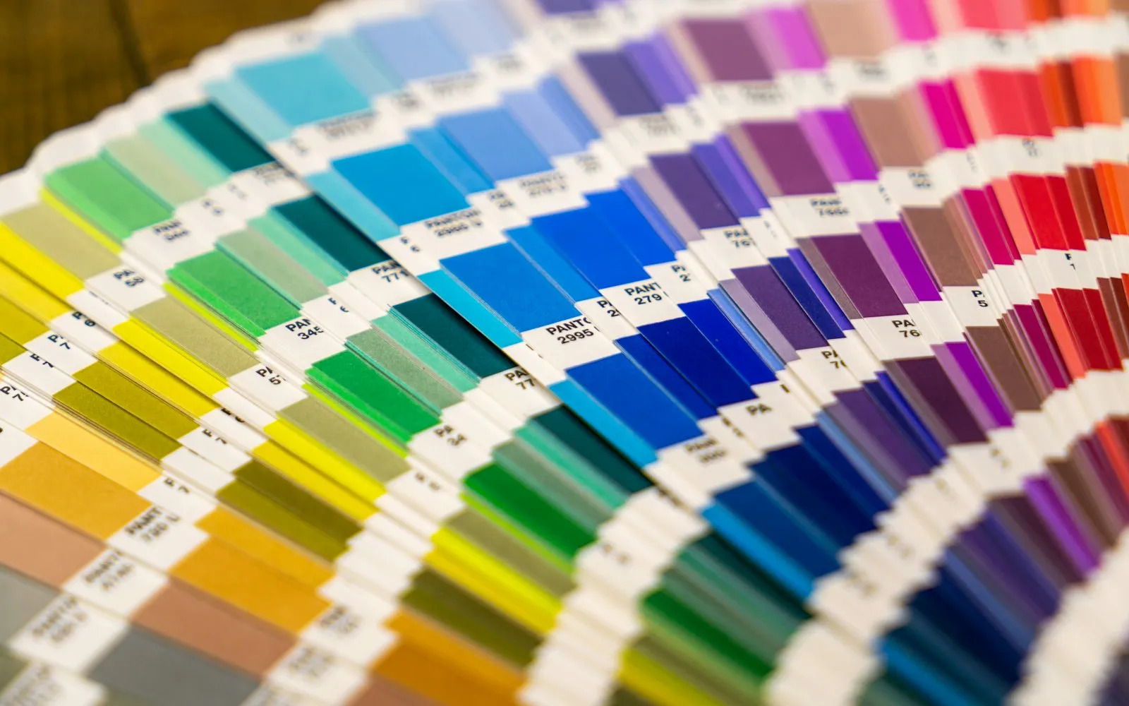 A fan of colour swatch cards arranged in a spectrum from yellow and green through blue and purple to red