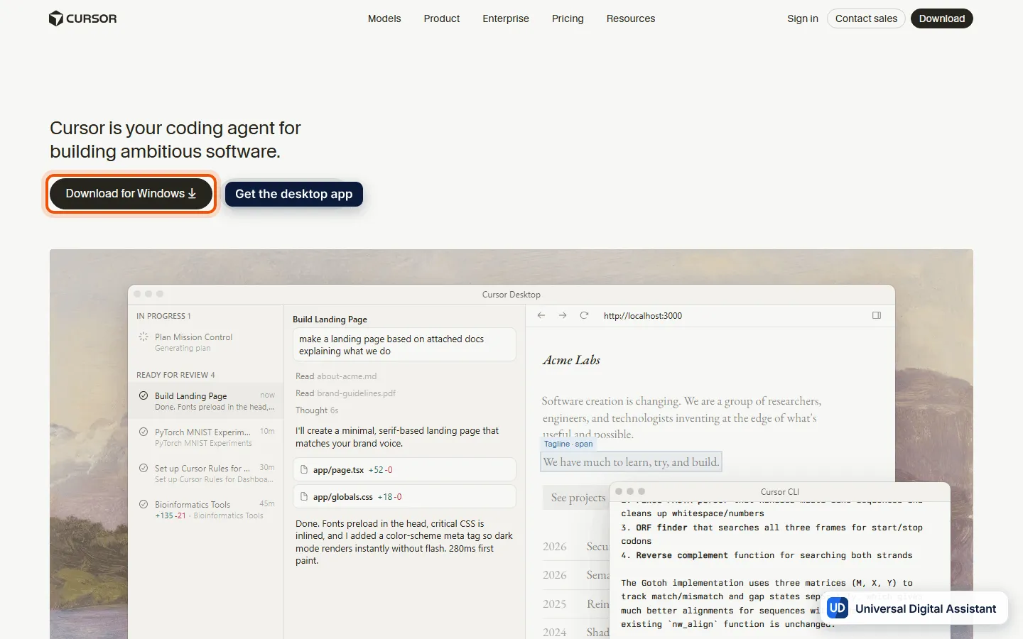 Cursor review: the Cursor home page showing the Cursor Desktop agent window with a task list, a chat, a live browser preview and a Cursor CLI panel