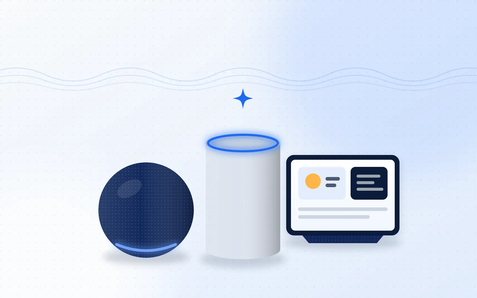 Illustration of a spherical speaker, a cylindrical speaker and a smart display side by side