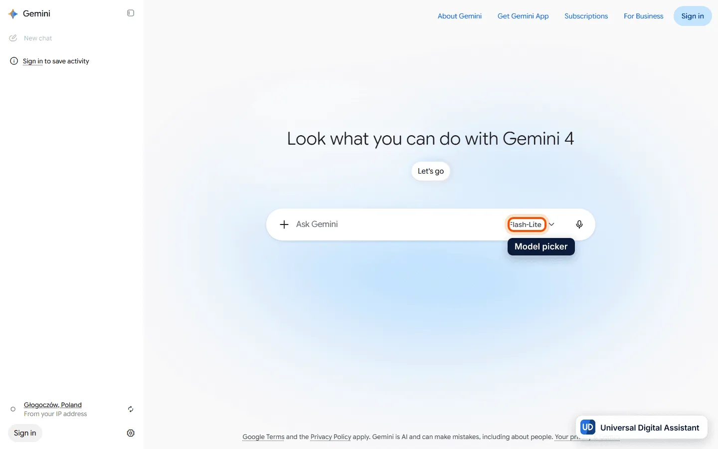 Gemini 4 Argon: the Gemini app signed out at gemini.google.com, showing the headline Look what you can do with Gemini 4 above the Ask Gemini box