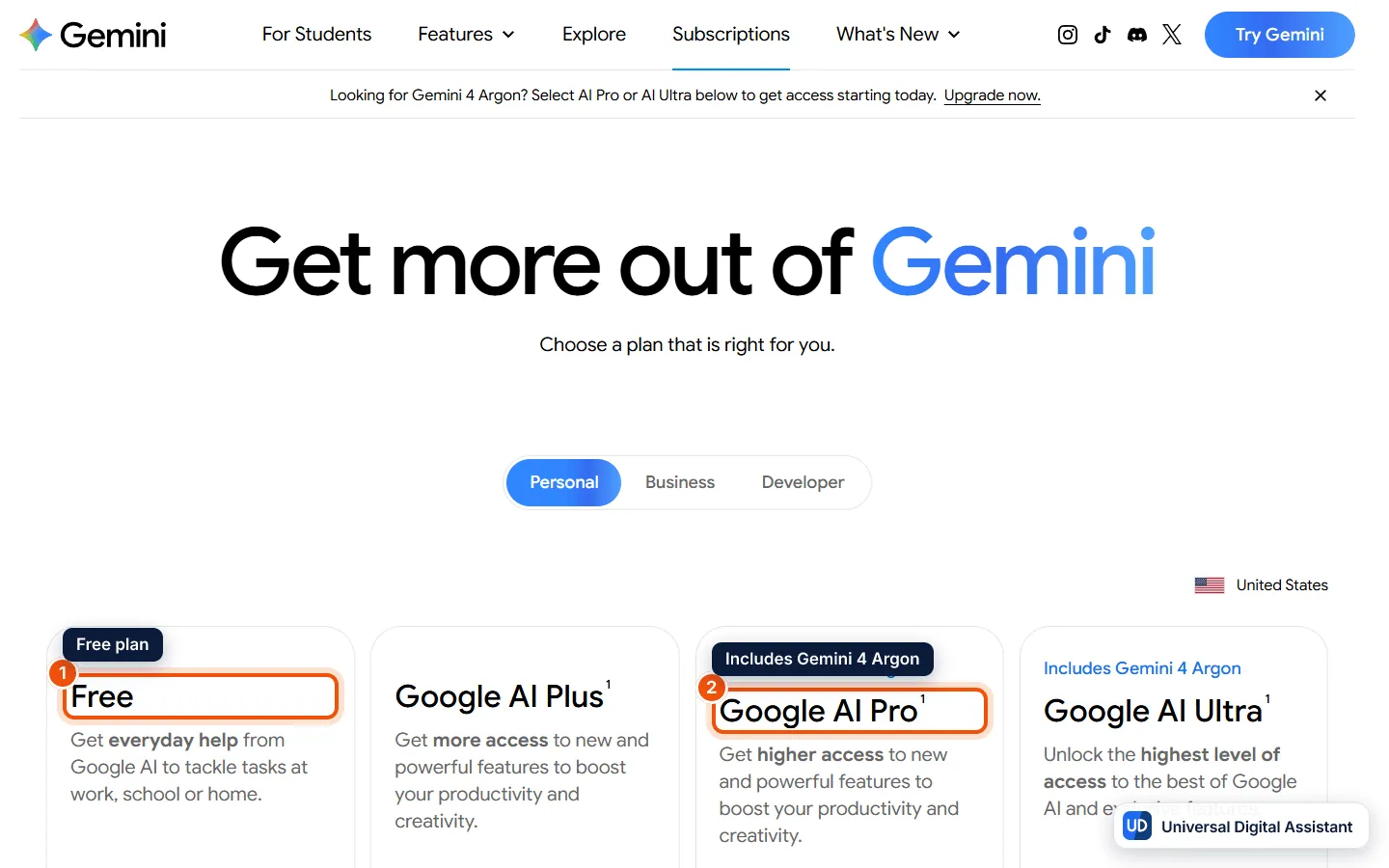 Gemini review: the Google AI subscriptions page in the US, with the Free plan (1) and Google AI Pro, which includes Gemini 4 Argon (2), marked
