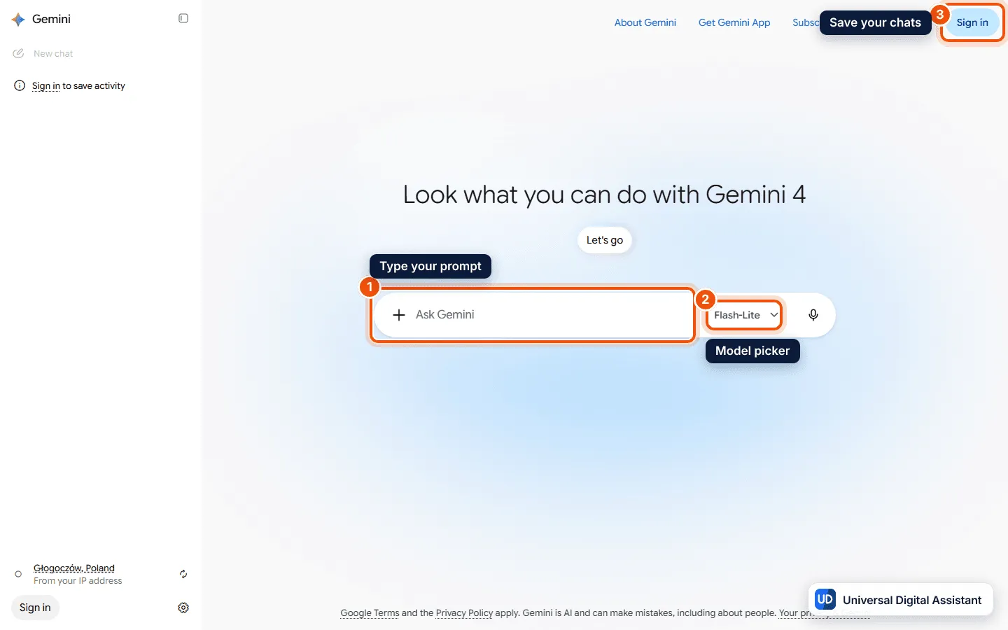 Gemini review: the Gemini web app signed out, with the Ask Gemini box (1), the Flash-Lite model picker (2) and the Sign in button (3) marked