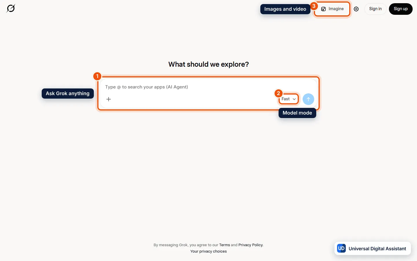 Grok review: the Grok web app signed out, with a prompt box under the heading What should we explore, a Fast model selector and an Imagine link
