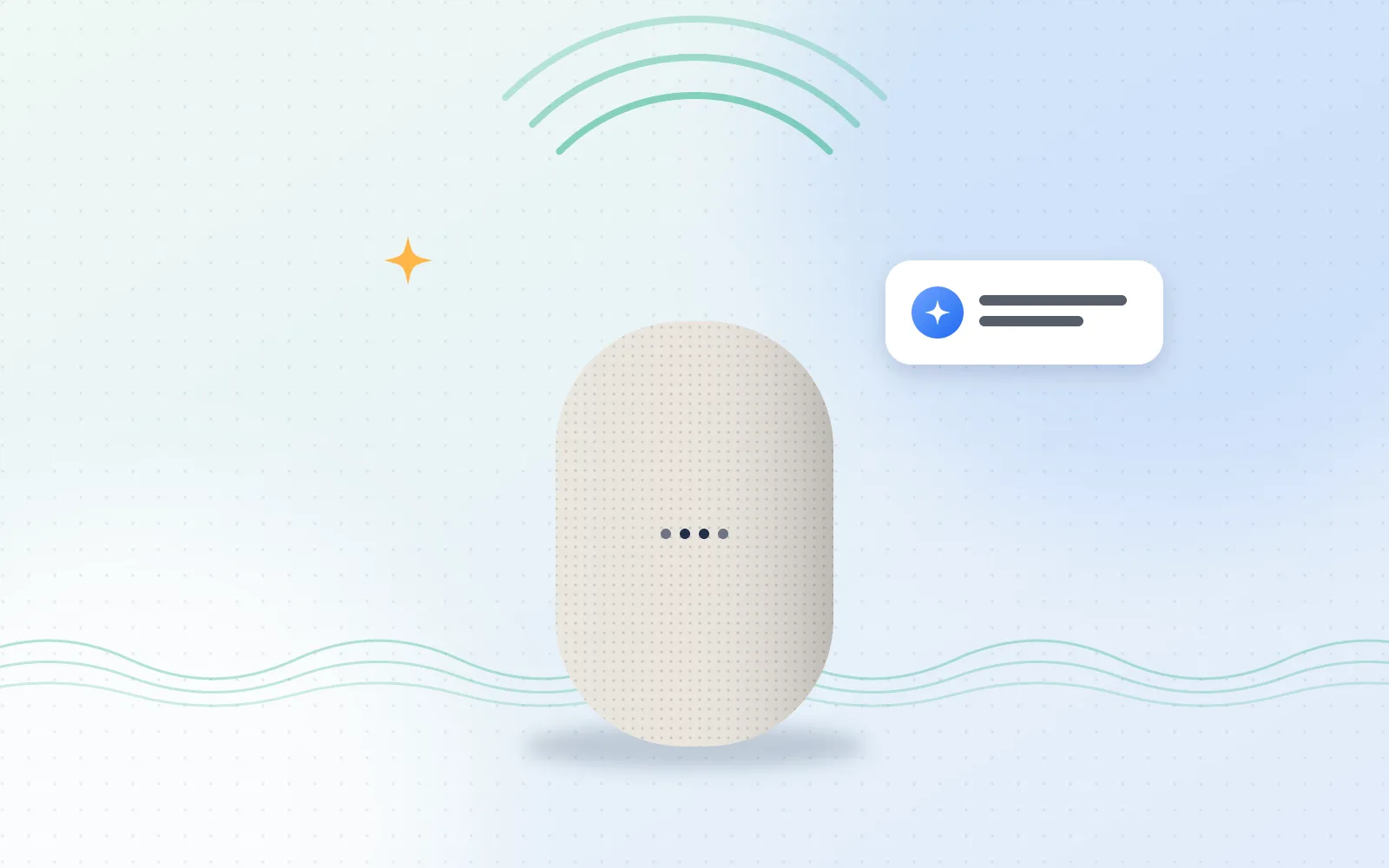 Illustration of a tall fabric-covered smart speaker with sound arcs and a floating assistant card