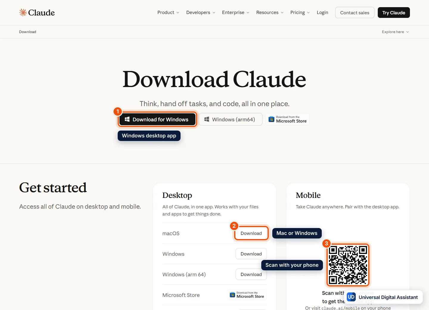 How to use Claude: the Download Claude page at claude.com, with the Download for Windows button (1), the macOS Download button (2) and the QR code for the mobile app (3) marked