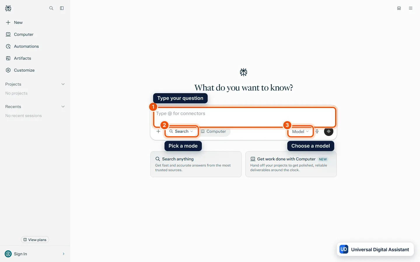 How to use Perplexity: the Perplexity home page signed out, with the search box (1), the Search mode menu (2) and the Model menu (3) marked