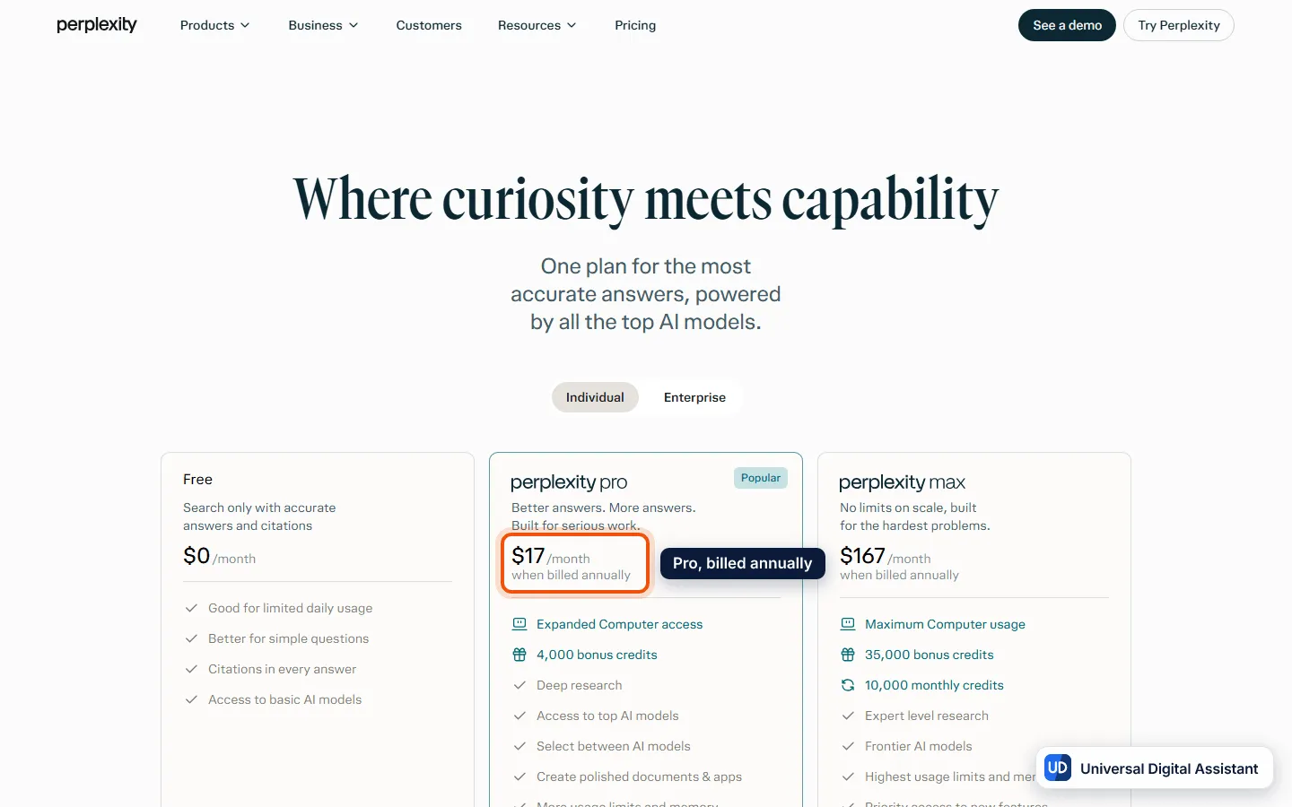 Perplexity pricing page showing Free at $0, Pro at $17 a month billed annually and Max at $167 a month billed annually