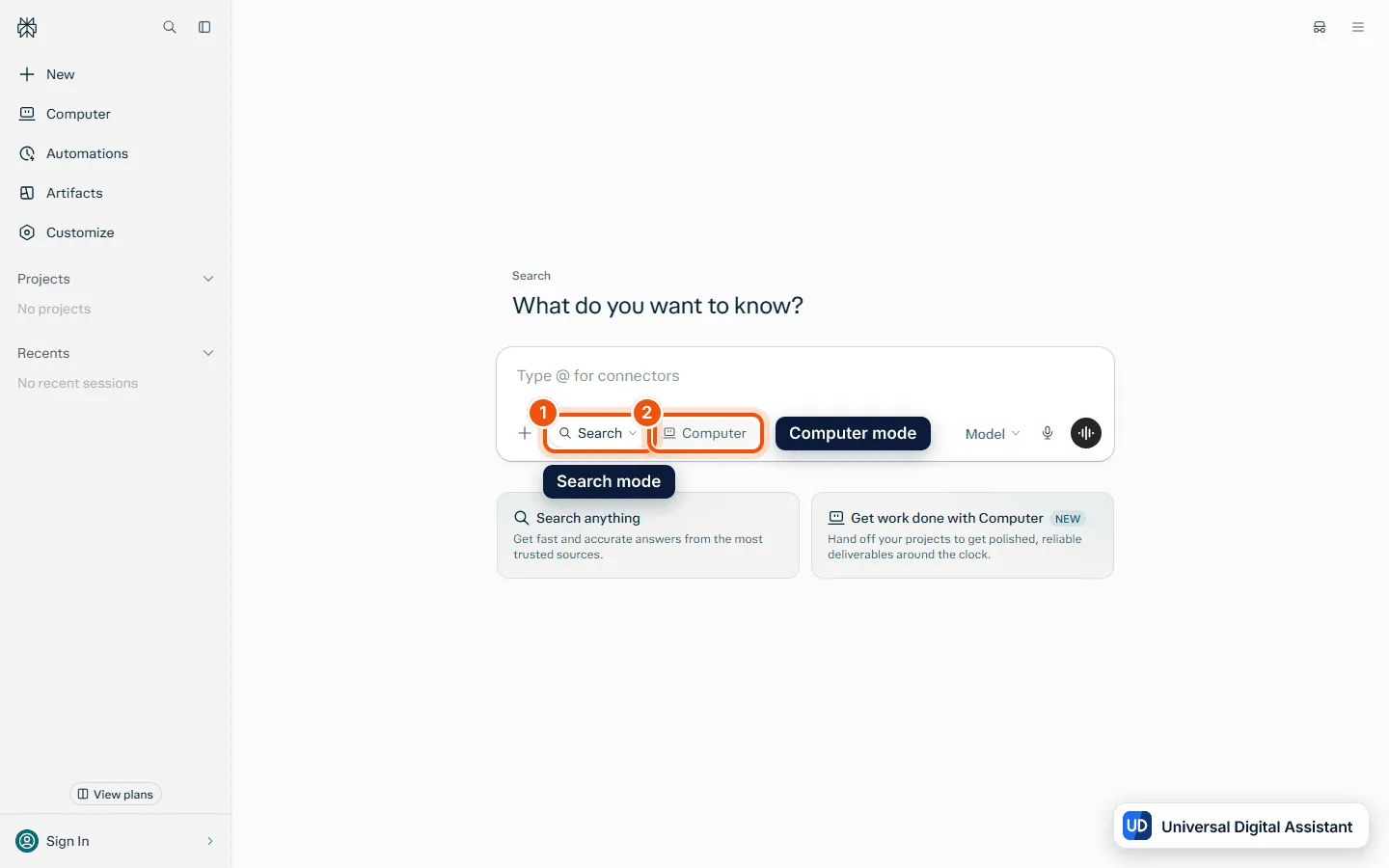 Perplexity review: the Perplexity web app signed out, with Search and Computer modes, a What do you want to know? prompt box and sidebar links for Computer, Automations and Artifacts