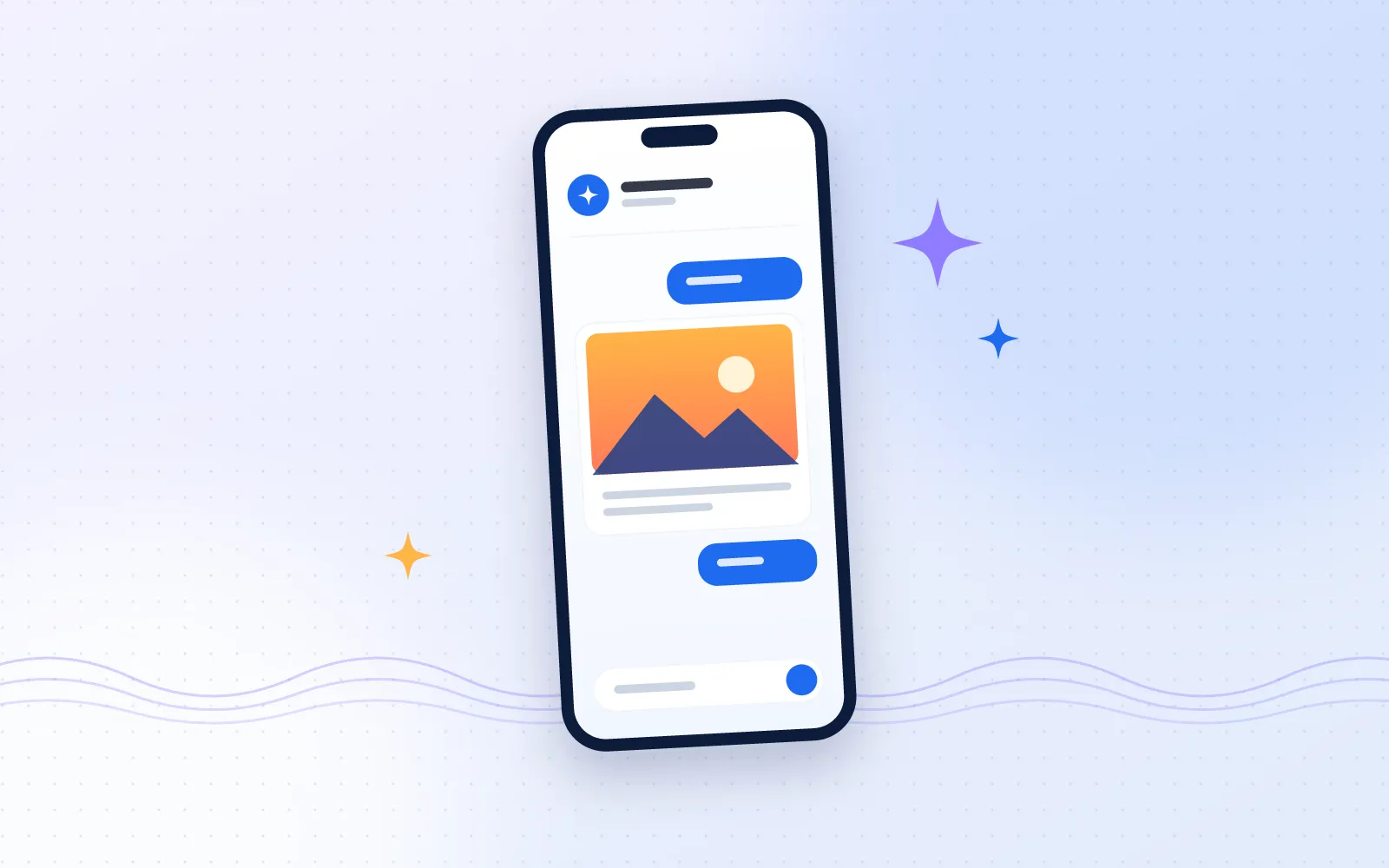Illustration of a smartphone chat app replying to a photo, with lilac sparkle shapes