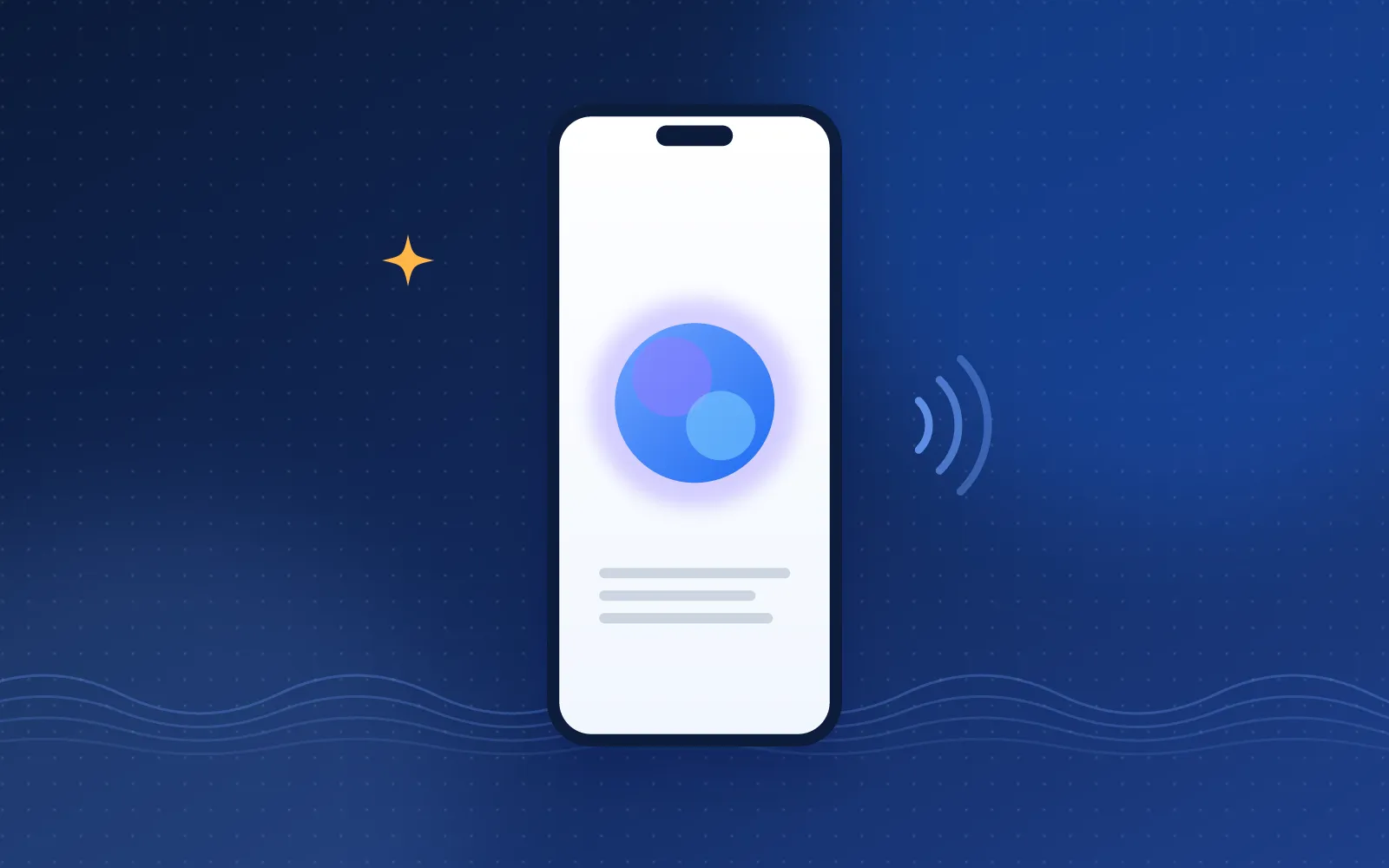 Illustration of a smartphone showing a glowing voice orb on a dark blue background