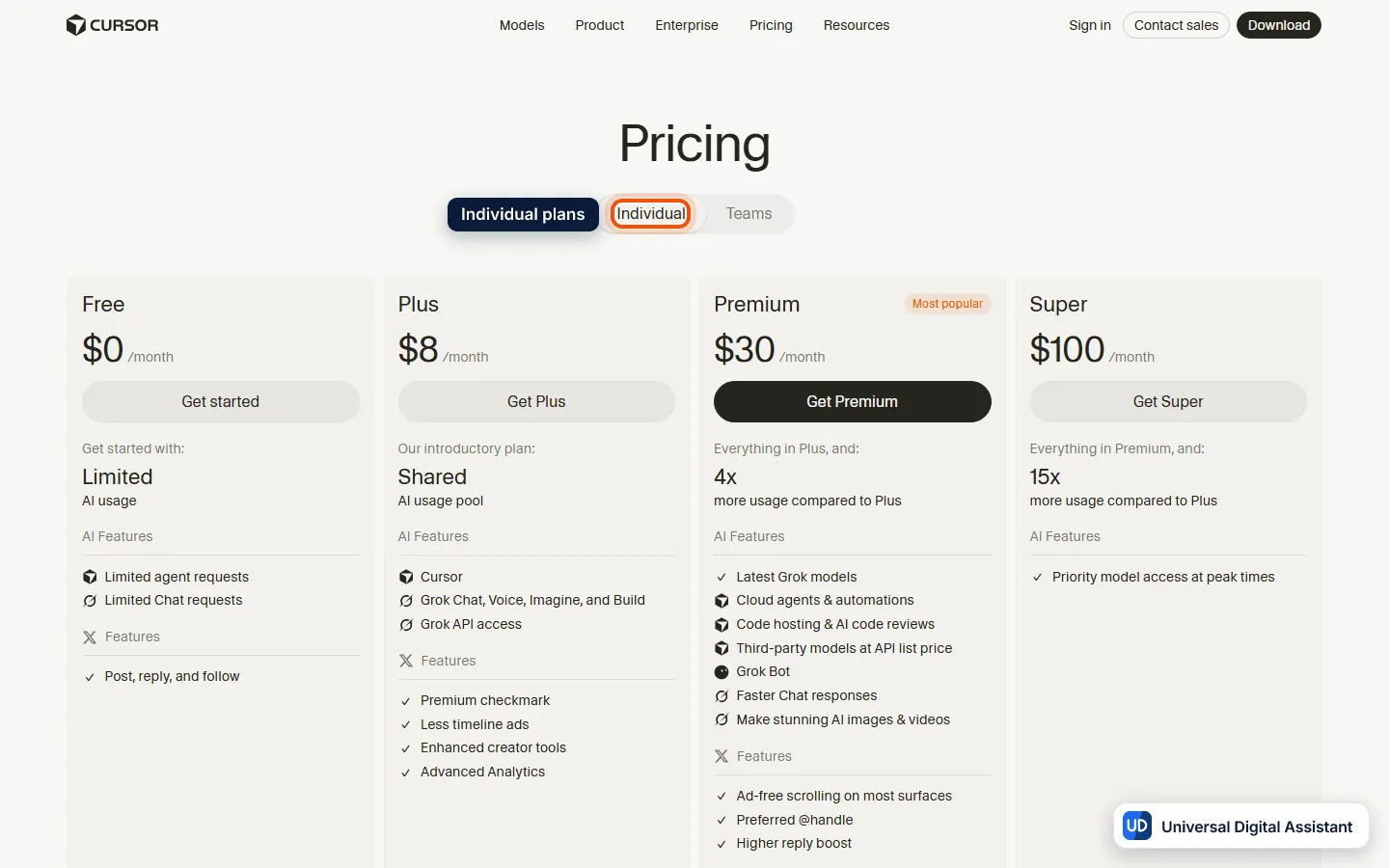 The X Subscription plans as listed on the Cursor pricing page, with Free, Plus at $8 a month, Premium at $30 a month and Super at $100 a month