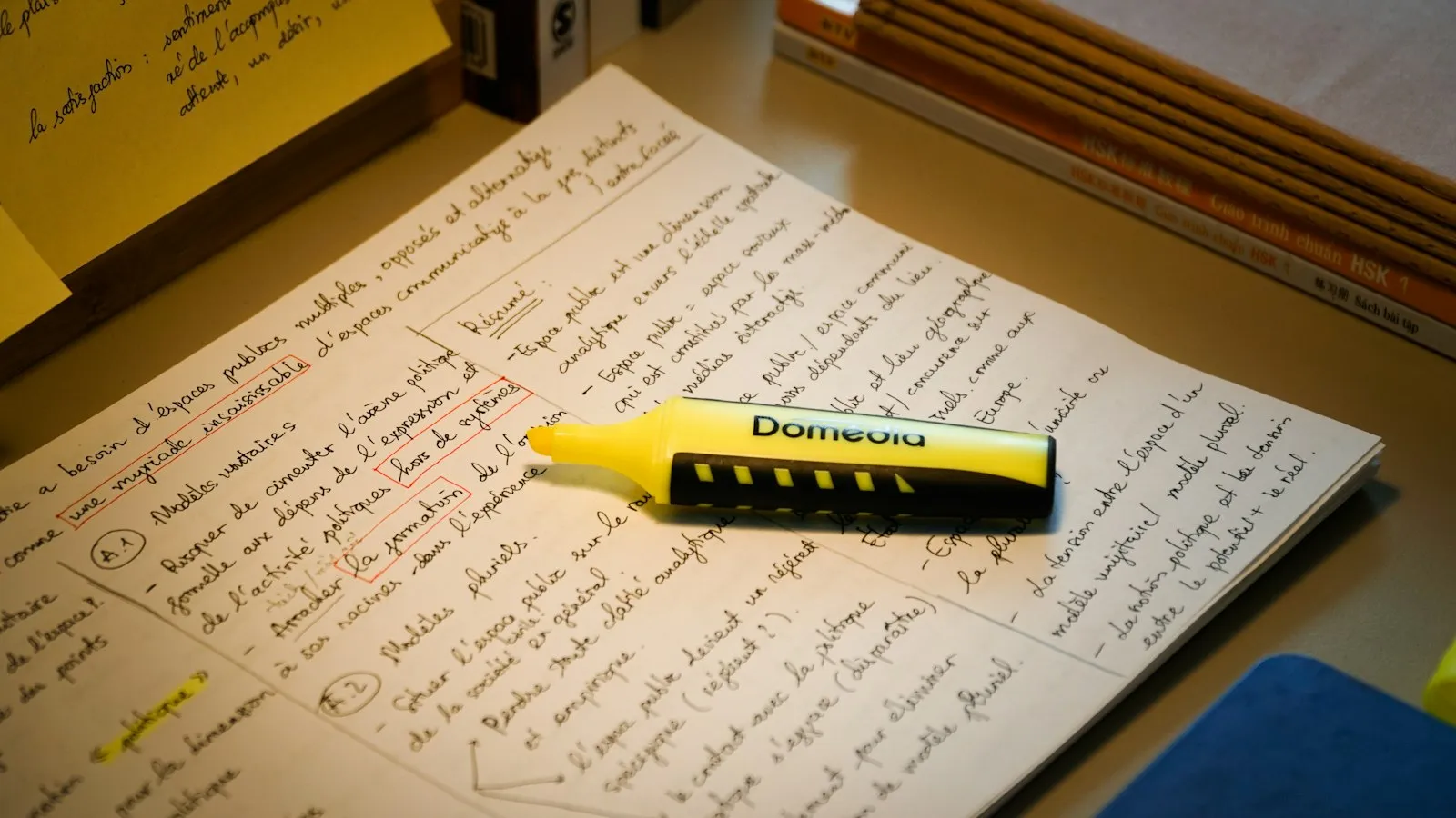 A yellow highlighter resting on a page of handwritten notes